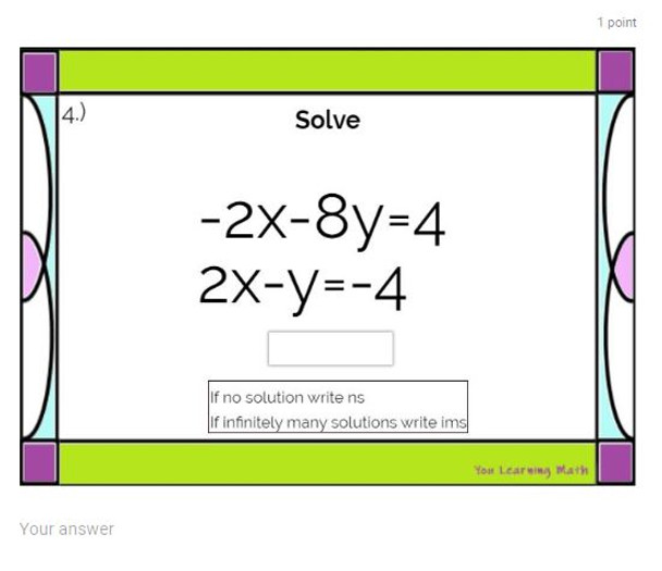 Solving Systems of Linear Equations using Elimination: Google Forms Quiz - 20 Problems