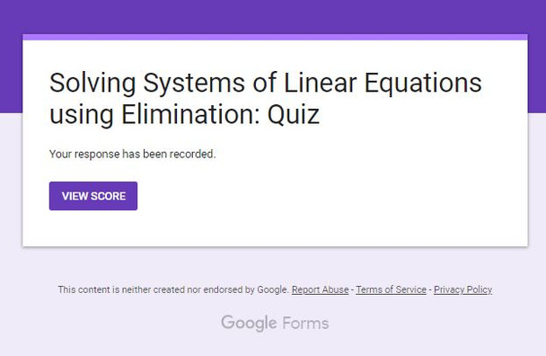 Solving Systems of Linear Equations using Elimination: Google Forms Quiz - 20 Problems