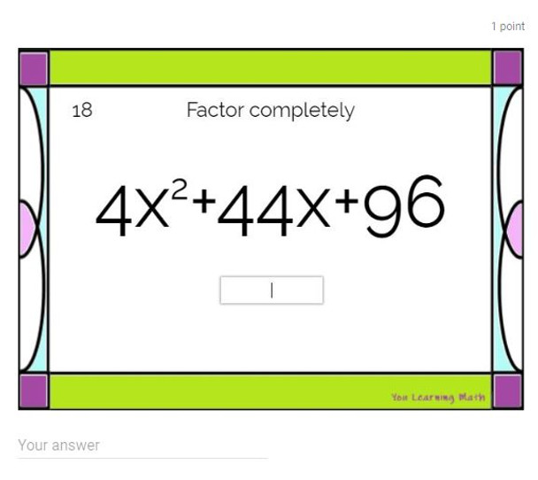 Factoring Quadratic Trinomials were a=1 and the Difference of Two Perfect Squares: Google Forms Quiz - 21 Problems