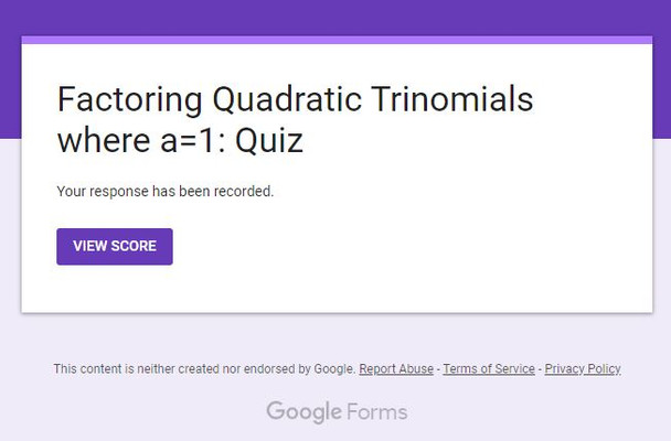 Factoring Quadratic Trinomials were a=1 and the Difference of Two Perfect Squares: Google Forms Quiz - 21 Problems