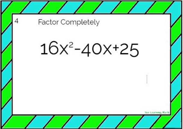 Factoring Special Cases: Task Cards - 20 Problems