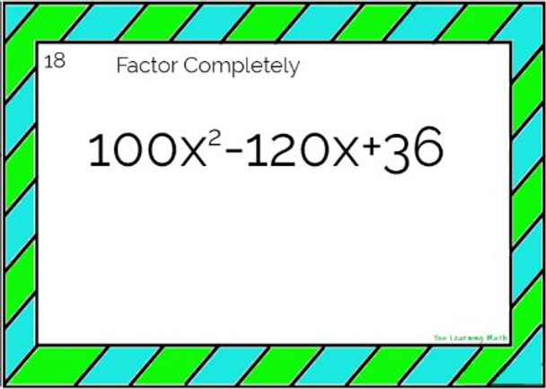 Factoring Special Cases: Task Cards - 20 Problems