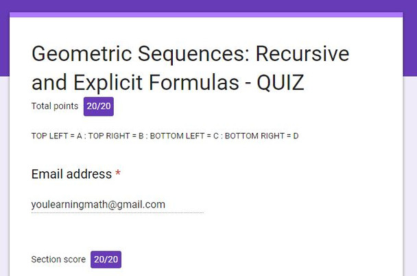 Geometric Sequences: Recursive and Explicit Formulas - Google Forms Quiz - 20 Problems