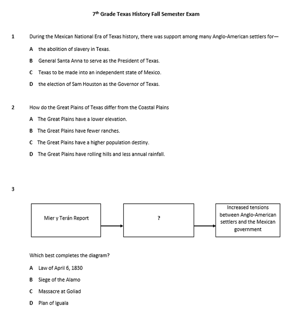 Texas History Fall Semester Exam Final