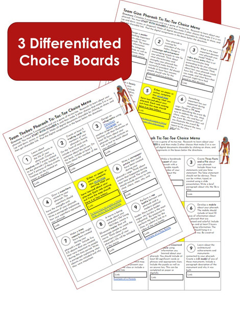 Pharaohs of Egypt Differentiated Choice Board Learning Menus (set of 3)