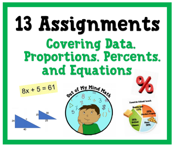 13 Assignments covering Data, Proportions, Percents & Equations (grade7)