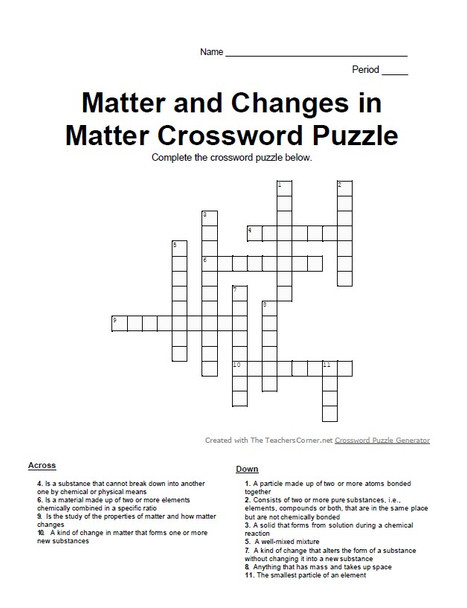 Introduction to Chemistry - Matter and Changes in Matter Crossword Puzzle