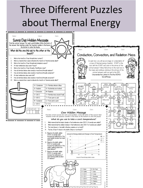 Thermal Energy Review Puzzles NGSS MS-PS-3-3, MS-PS-3-4, and MS-PS-1-4