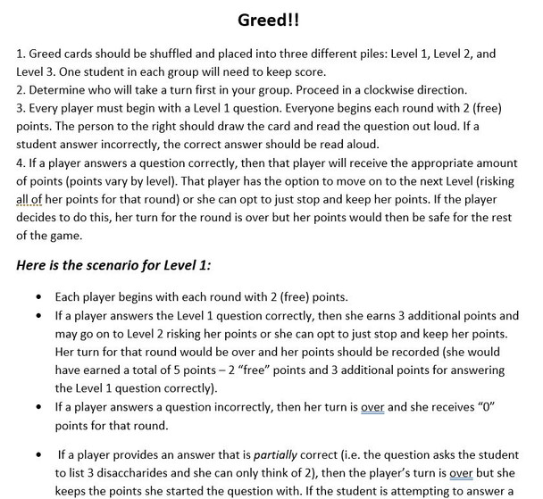 Greed! (AP Biology Review Game #1) - Organic Compounds & Chemical Reactions