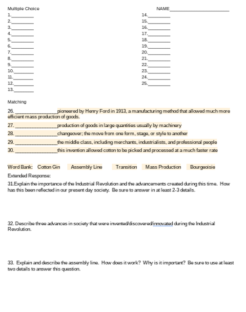 Industrial Revolution/Mass Production Test