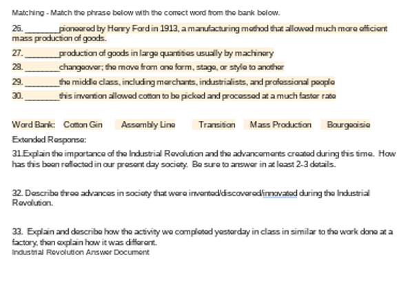 Industrial Revolution/Mass Production Test