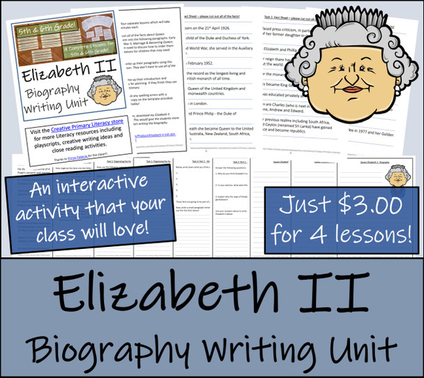 Queen Elizabeth II - 5th & 6th Grade Biography Writing Activity