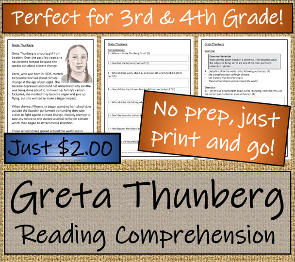 Greta Thunberg Close Reading Activity 3rd Grade & 4th Grade