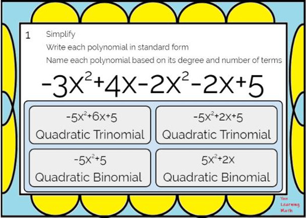 Simplifying and Factoring Polynomials - Digital BOOM Cards - 31 Problems