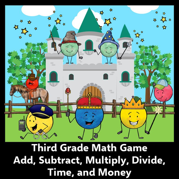 3rd Grade Math Game - Word Problems - Add, Subtract, Multiply, and Divide - Tell Time, Elapsed Time, and Money - QR Codes