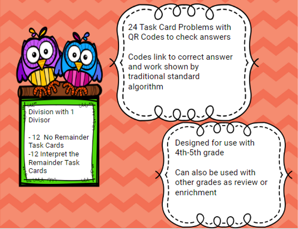 24 Long Division with 1 Digit Divisor Task Cards With QR Codes & Work -5.NBT.6