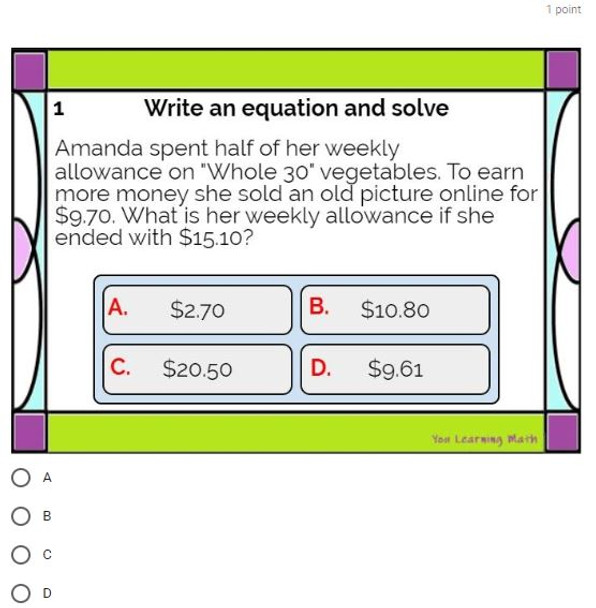 Two-Step Equation Word Problems: Google Forms Quiz - 20 Problems