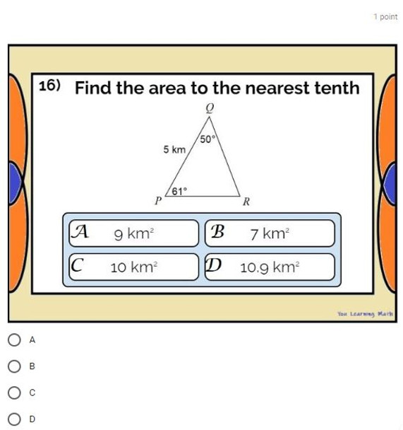 Finding the Area of Triangles using the Laws of Sines and Cosines: GOOGLE Forms Quiz