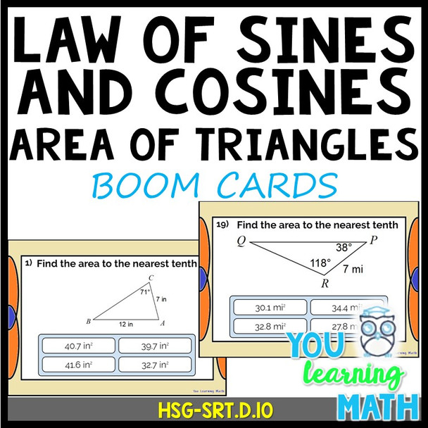 Finding the Area of Triangles using the Laws of Sines and Cosines: DIgital BOOM Cards - 20 Problems