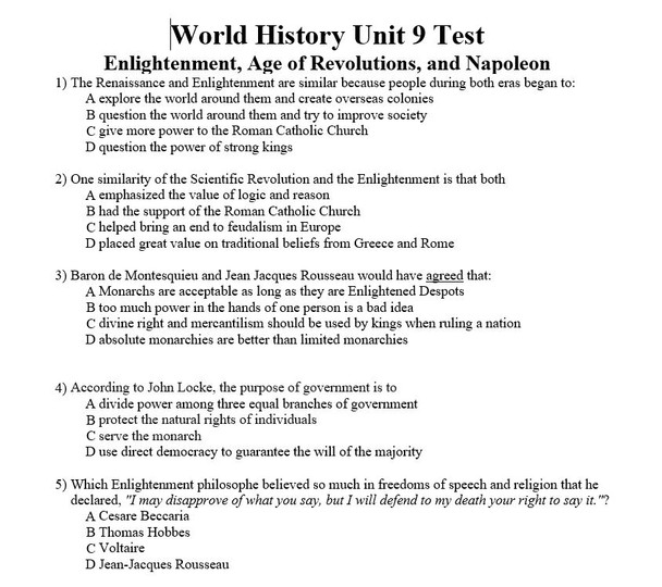 World History Unit 9 Test (Enlightenment, American Rev, French Rev/Napoleon, and Latin American Revolutions