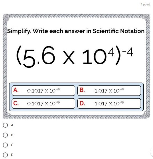 Operations with Numbers in Scientific Notation: Google Forms Quiz - 20 Problems