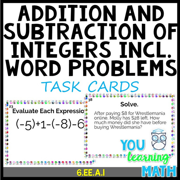 Addition and Subtraction of Integers including Word Problems: 40 Task Cards