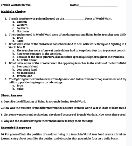 Trench Warfare in WWI Reading and Worksheet