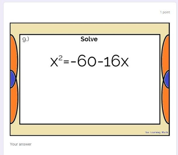 Solving Quadratic Equations by Completing the Square: GOOGLE Forms Quiz - 20 Problems