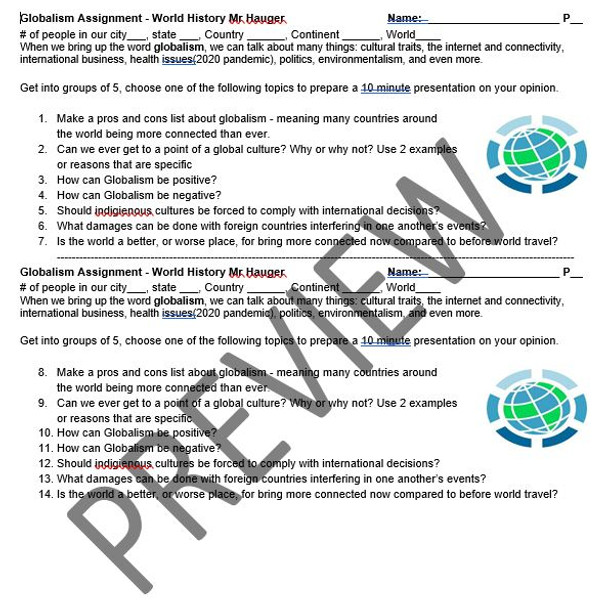 Globalism Group Project for Inquiry and Research World History 