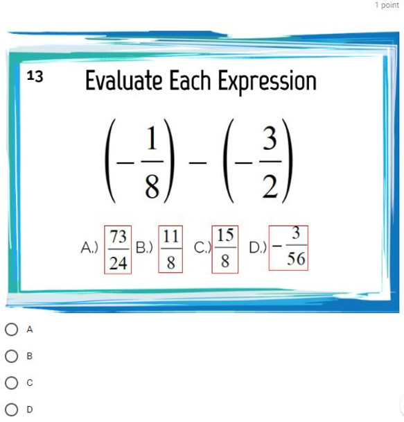 Adding and Subtracting Improper Fractions: GOOGLE Forms Quiz - 20 Problems