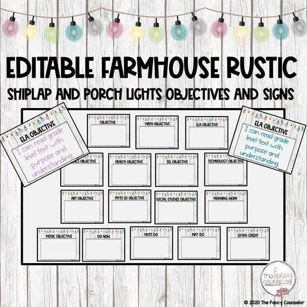 Editable Shiplap & Porch Lights Objectives Posters Signs
