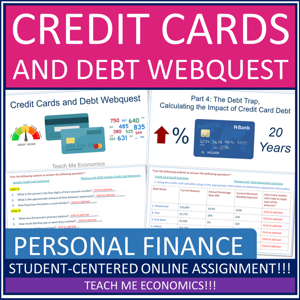 Credit Cards and Debt Webquest Personal Finance Economics Worksheet or Google
