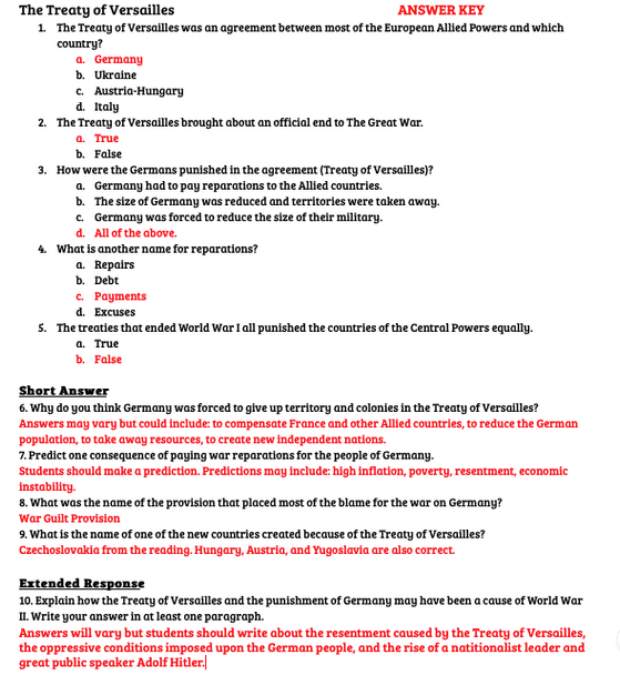 Treaty of Versailles Reading and Worksheet