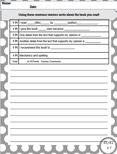 3rd Grade CCSS Reader's Response Rubrics (Distance/In Class Learning)