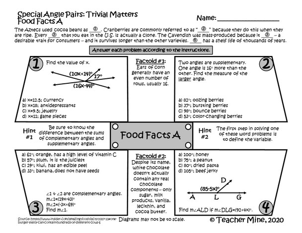 Special Angle Pairs - Food Facts A - Trivial Matters Activity