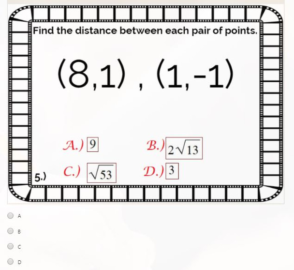 Using the Distance Formula: Microsoft OneDrive Forms Quiz - 20 Problems