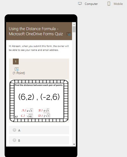 Using the Distance Formula: Microsoft OneDrive Forms Quiz - 20 Problems