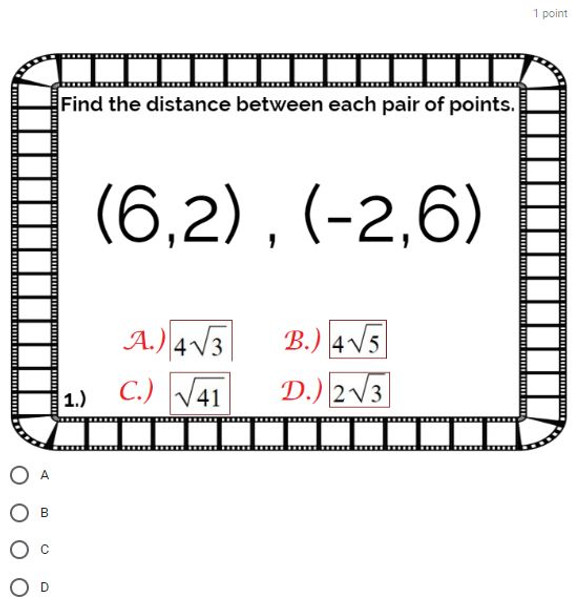 Using the Distance Formula: Google Forms Quiz - 20 Problems