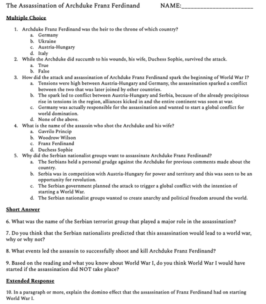 The Assassination of Archduke Franz Ferdinand Reading and Worksheet