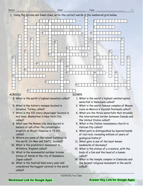 Tourist Attractions Around The World Word Interactive Crossword Puzzle for Google Apps LINKS