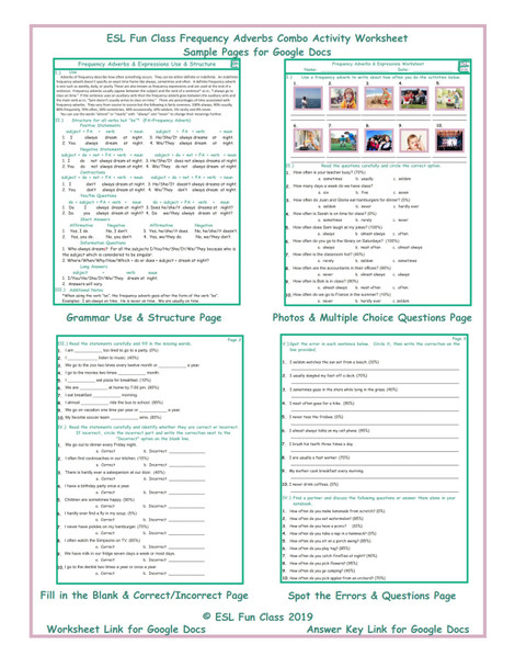 Frequency Adverbs Combo Interactive Worksheets for Google Docs LINKS
