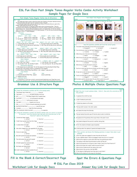 Past Simple Tense-Regular Verbs Combo Interactive Worksheets for Google Docs LINKS