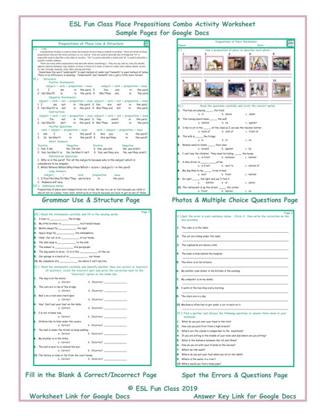 Place Prepositions Combo Interactive Worksheets for Google Docs LINKS