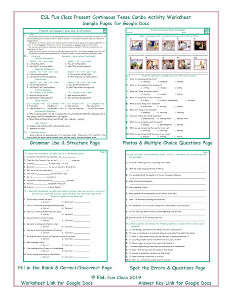 Present Continuous Tense Combo Interactive Worksheets for Google Docs LINKS