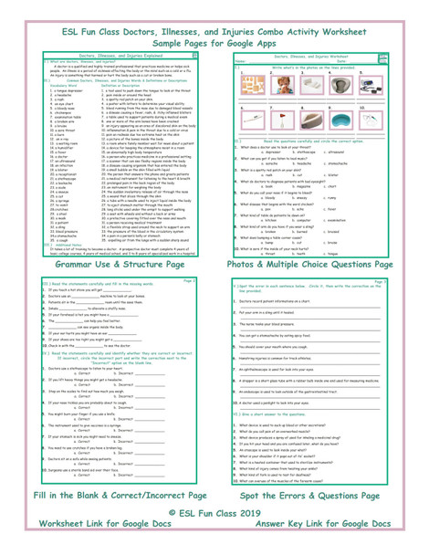 Doctors, Illnesses, and Injuries Interactive Worksheets for Google Apps LINKS