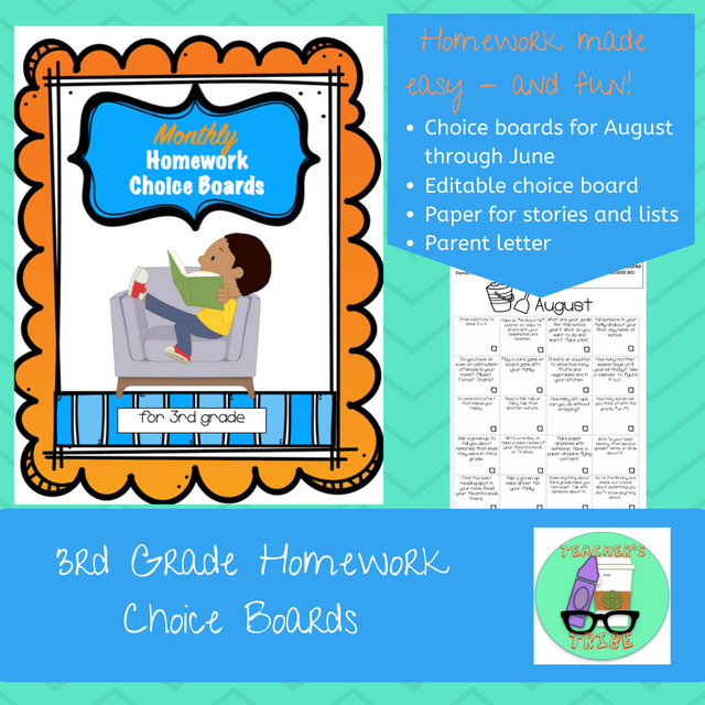 third grade homework choice board