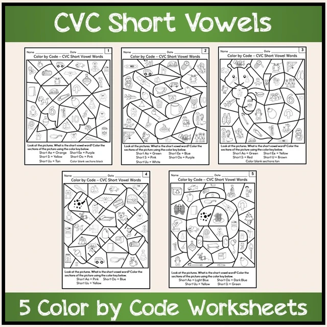 Color by Code Worksheets CVC Short Vowel