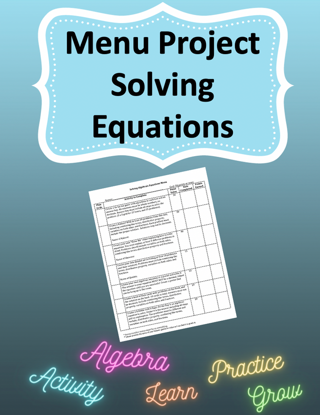Solving Equations Menu Project