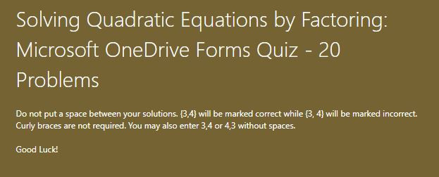 Solving Quadratic Equations by Factoring: Microsoft OneDrive Forms Quiz ...