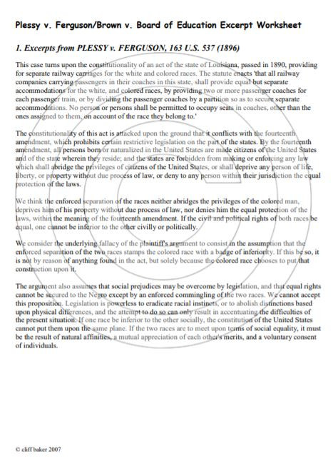 Plessy v. Ferguson/ Brown v. Board of Education primary source analysis ...